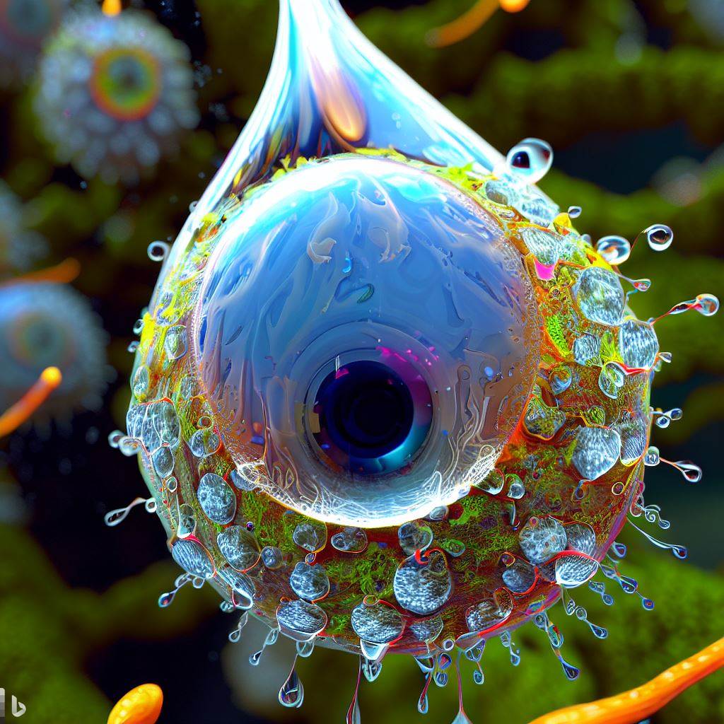 9- 3D hyper-detailed joyfully bursting spattering raindrop with lichen nano-circuitry woven into iris-stroma eye-pupil at its core, spattering wet rainforest moss synapses, mirroring recursion.jpg